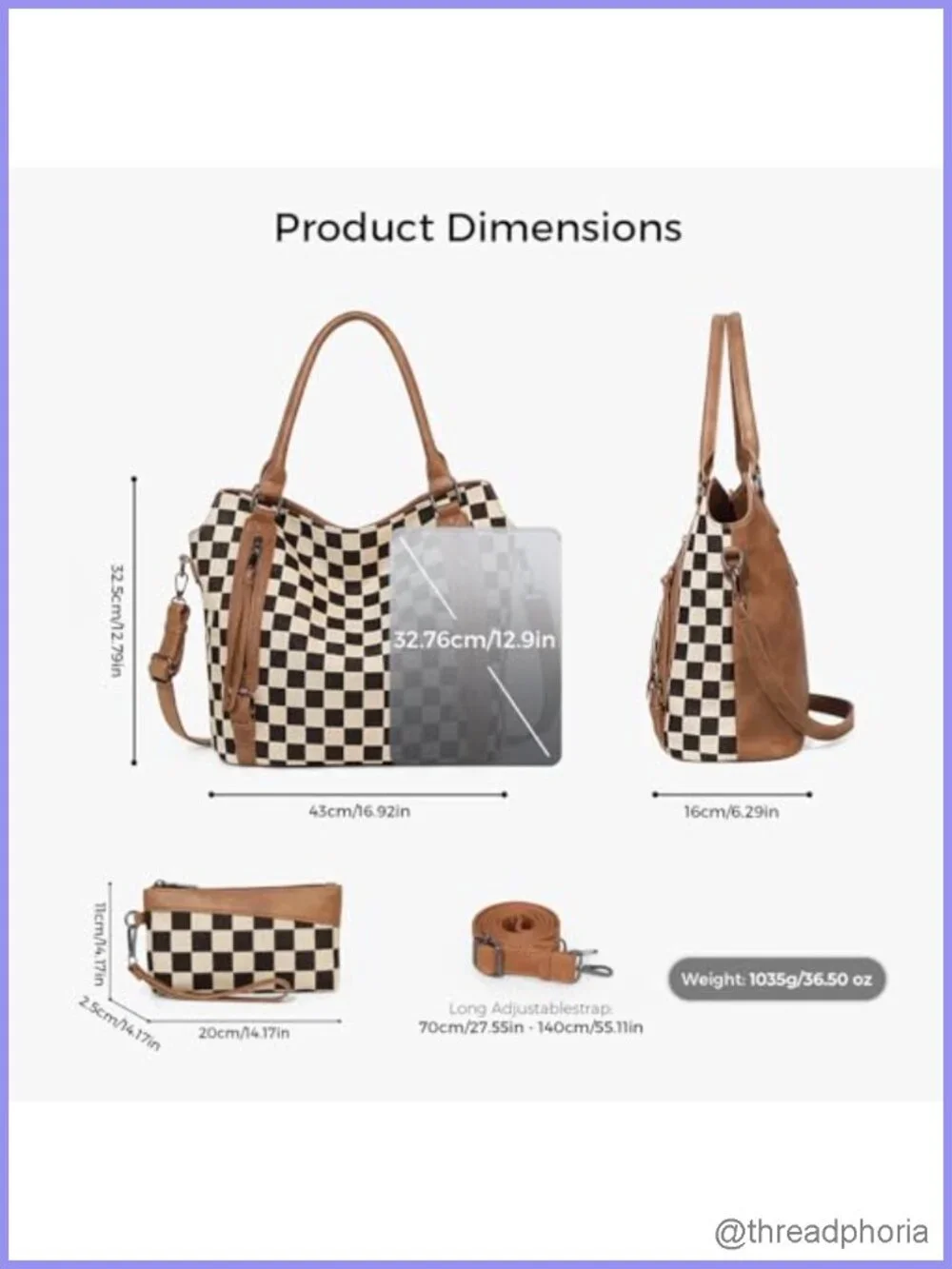 Checkered Hobo Tote Bag for Women Large PU Leather Shoulder Handbag with Pouch